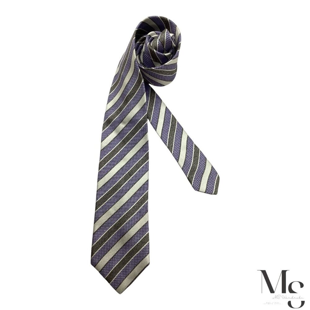 BOSS HUGO BOSS XL Purple & Gray Striped Silk Tie Made In Italy W:3" EX COND